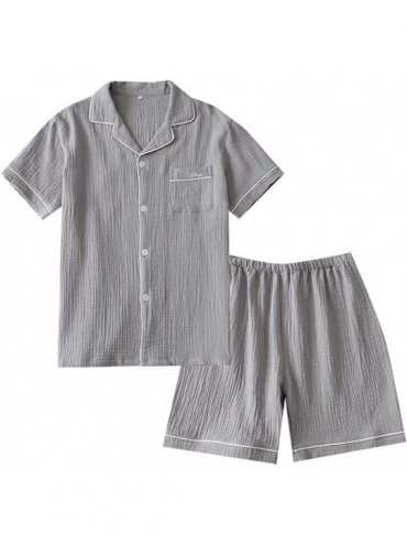 Sleep Sets Men's Pajamas Set Short Sleeve Satin Pj Set Sleepwear Button Down Shorts Nightwear Loungewear - CZ19C767L8I $27.88
