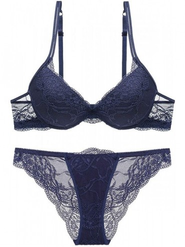 Bras Women Fashion Push Up Bra Panty Set Underwear Breathable Lace Sexy Lingerie Intimates - Blue - CA12NTIVG5B $50.62