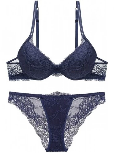Bras Women Fashion Push Up Bra Panty Set Underwear Breathable Lace Sexy Lingerie Intimates - Blue - CA12NTIVG5B $45.32