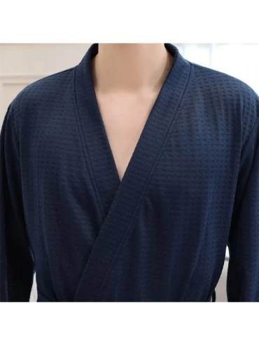 Robes Mens Solid Bandage Robe Bathrobe Gown Pajamas Long Sleepwear Pocket Waistband - Navy - CA194IZMU4G $23.37