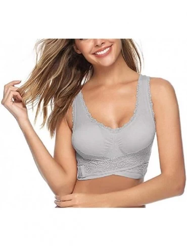 Bras 2 Pack Women Seamless Push Up Bra Front Lace Crisscross Adjustable Side Buckle Sport Bra with Removable Pads Grey-Nude -...