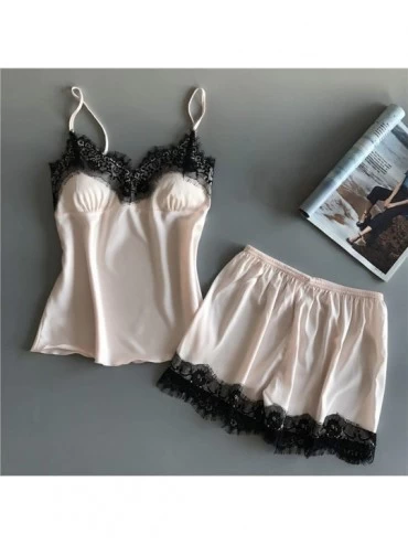 Sets 2019 Novelty Cami Top and Shorts Pajama Set Womens Sexy Satin Sling Sleepwear Lingerie Lace Bowknot Nightdress White - C...