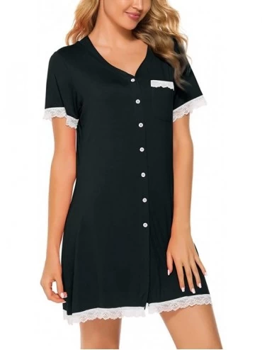 Nightgowns & Sleepshirts Women's Short Sleeve Nightgown Button Down Sleepwear Pajamas Nightshirt - Black - C018WDMSOSC $42.91