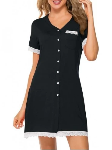 Nightgowns & Sleepshirts Women's Short Sleeve Nightgown Button Down Sleepwear Pajamas Nightshirt - Black - C018WDMSOSC $25.28