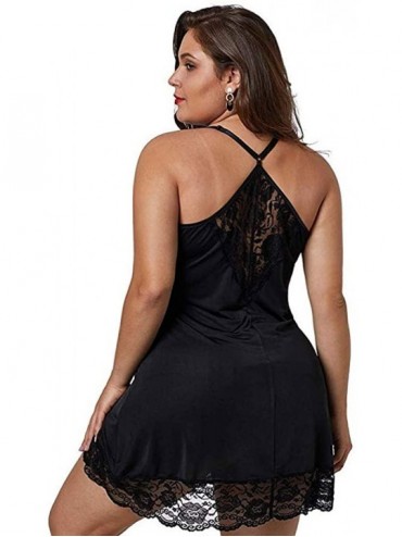 Garters & Garter Belts Women Lingerie Lace Deep V-Neck Plus Size Sleepwear Babudoll Underwear Chemise Nightdress - Black - CN...