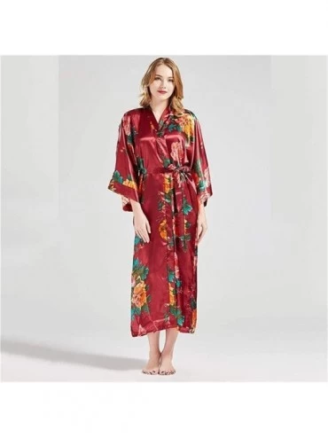 Robes Elegant Ankle-Length Full Women Kimono Robe Gown Comfortable Soft Satin Sleepwear Homewear Print Flower Nightgown Plus ...