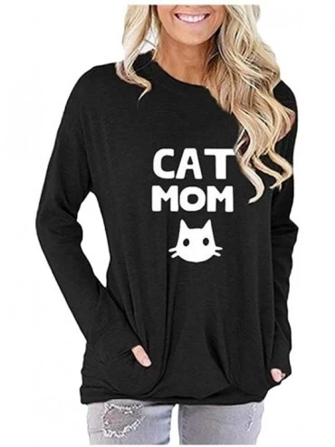 Thermal Underwear Cat Mom Women's Tops-Long Sleeve Letter Cat Print Pocket Round Neck Sweatshirt - A-black - CH193Z3QTER $21.43