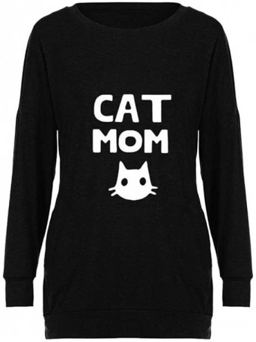Thermal Underwear Cat Mom Women's Tops-Long Sleeve Letter Cat Print Pocket Round Neck Sweatshirt - A-black - CH193Z3QTER $21.43