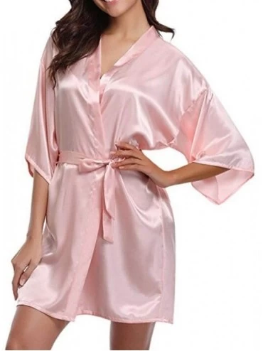 Robes Silk Kimono Robe Bathrobe Women Silk Bridesmaid Robes Sexy Navy Blue Robes Satin Robe Dressing Gowns - Pink - CG194XD8A...