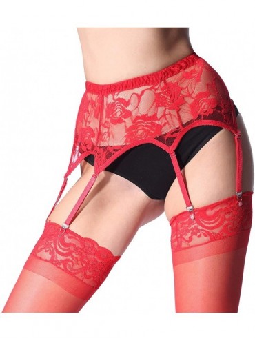 Garters & Garter Belts Floral Lace Garterbelt with Six Strap Metal Clips (Only Garterbelt) - Red - C118XIKQ0YG $27.80