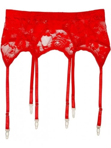 Garters & Garter Belts Floral Lace Garterbelt with Six Strap Metal Clips (Only Garterbelt) - Red - C118XIKQ0YG $10.47