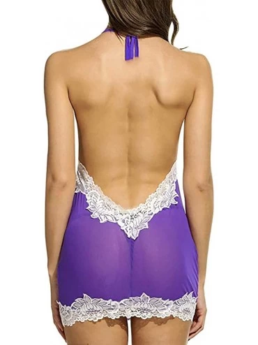 Nightgowns & Sleepshirts Women Attractive Lingerie Lace Micro G-String Thong Babydoll Sleepwear - Purple - CY192EDUKIH $11.46