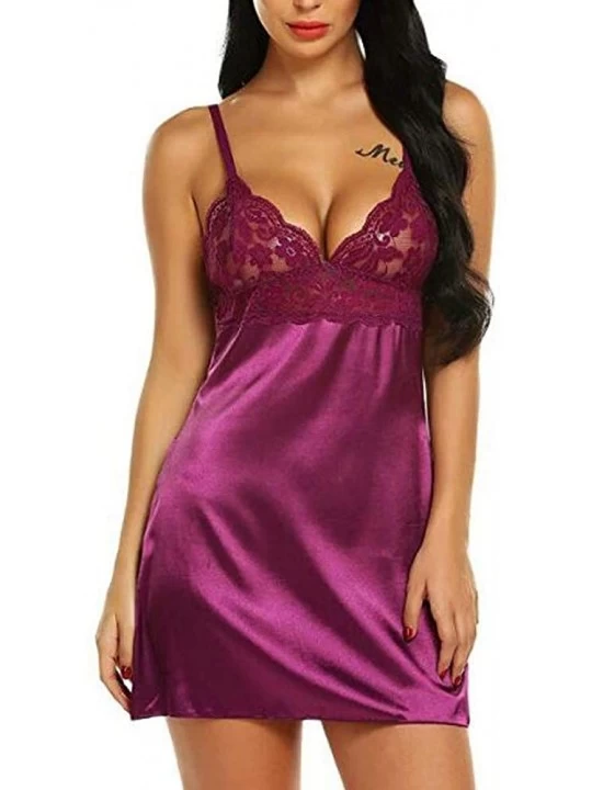 Robes Women Sexy Lingeres Cami Nightdress V Neck Nightwear Satin Sleepwear Lace Chemise Mini Teddy for Sex Pajamas - C purple...