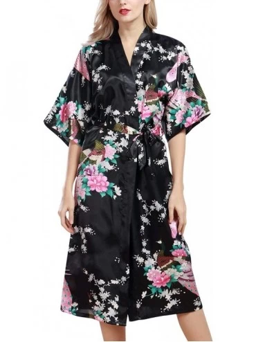 Robes Women's Dressing Gown Kimono Bathrobe Satin Peacock Robe Bridesmaid Nightwear Nightgown - Black - CO18OUUK7EY $20.57