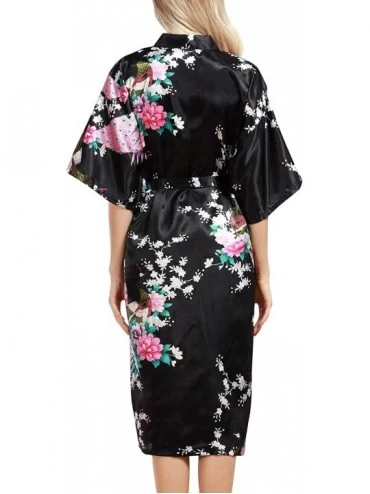 Robes Women's Dressing Gown Kimono Bathrobe Satin Peacock Robe Bridesmaid Nightwear Nightgown - Black - CO18OUUK7EY $20.57