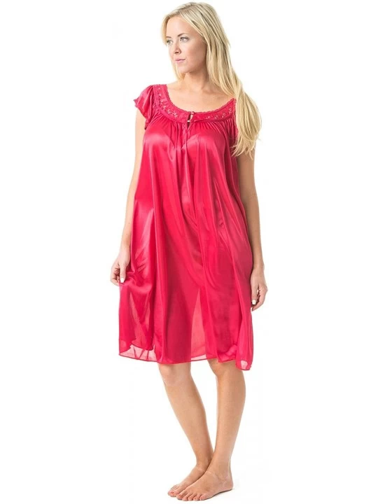 Nightgowns & Sleepshirts Women's Satin Lightweight Nightgown Embroidered Lace Cap Sleeve - Red - CD11A93PO7D $15.82