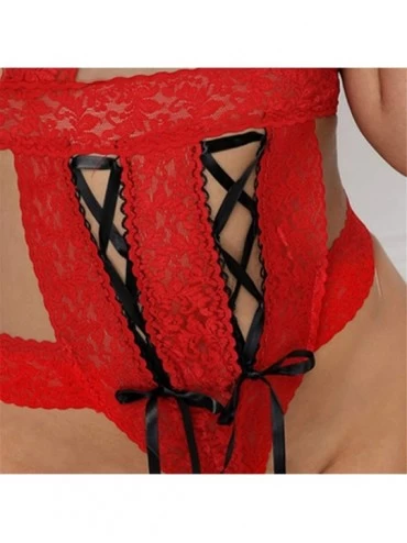 Baby Dolls & Chemises Lingerie Sexy Bow Lace Underwear Temptation Underwear Bandage Teddy for Women Red Black S-XXL - Red - C...