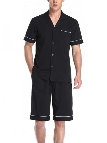 Sleep Sets Men's 100% Cotton Pajamas Set Short Sleeve Button Down Pj Shorts Sets Sleepwear - Black - CV194LG8HGU $31.84