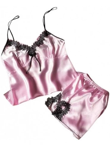 Baby Dolls & Chemises Women Summer Imitation Silk 2Pcs Lingerie Set Sexy Babydoll Nightwear - Pink - C81986Y6O2U $24.64