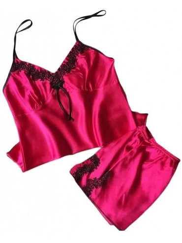 Baby Dolls & Chemises Women Summer Imitation Silk 2Pcs Lingerie Set Sexy Babydoll Nightwear - Pink - C81986Y6O2U $13.47