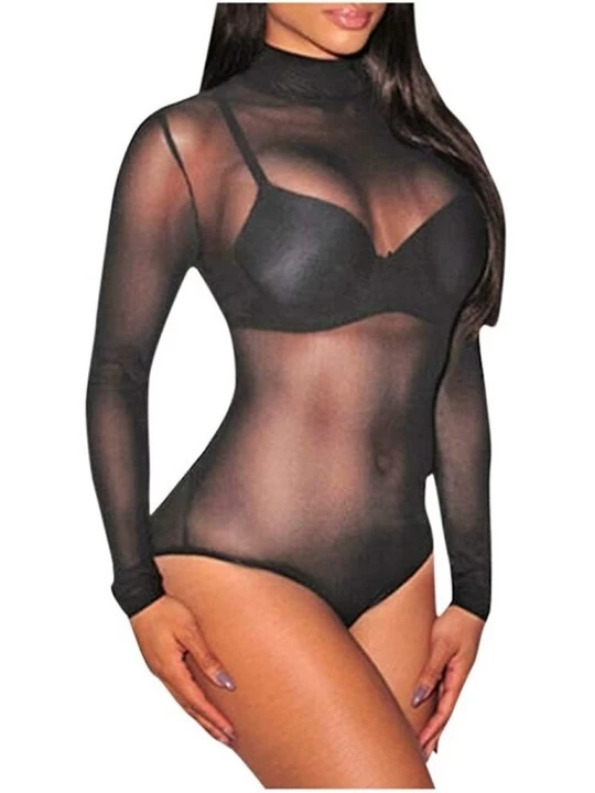 Shapewear Sexy Sheer Mesh Bodysuits Colorful Striped Clubwear Tops - D (Black) - C6195WHL0ER $10.05