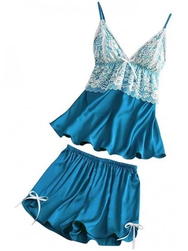 Sets Women Satin Lace V-Neck Camisole Bowknot Shorts Set Sleepwear Pajamas Lingerie - Blue - C1194ERHGI6 $9.82