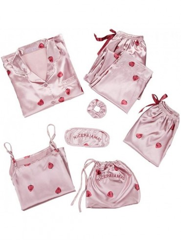 Sets Kawaii Women Pajamas Set Satin Silk Pink 7 Pieces Sets Sleeping Pyjamas Homewear - Strawberry Champagne - CA18UYCW4Z4 $7...