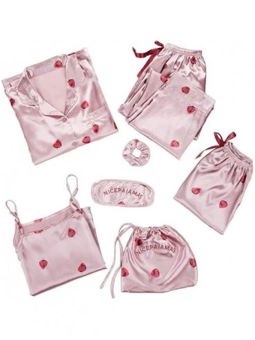 Sets Kawaii Women Pajamas Set Satin Silk Pink 7 Pieces Sets Sleeping Pyjamas Homewear - Strawberry Champagne - CA18UYCW4Z4 $6...
