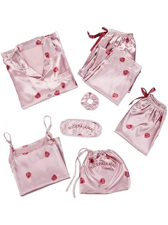 Sets Kawaii Women Pajamas Set Satin Silk Pink 7 Pieces Sets Sleeping Pyjamas Homewear - Strawberry Champagne - CA18UYCW4Z4 $4...