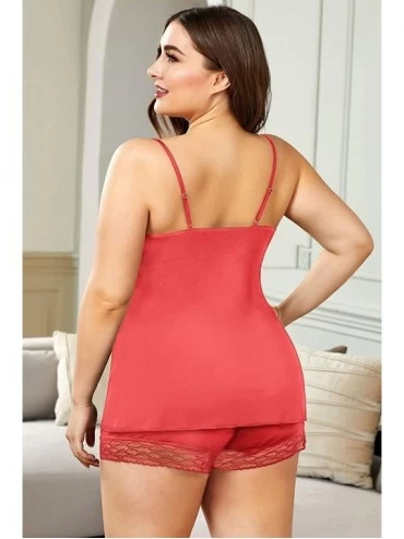 Sets Women Sexy Plus Size Satin Pajamas Sets Super Soft Sleepwear 1X-5X - D Red Plunge V Neck - CK19DZ6T9IW $17.38