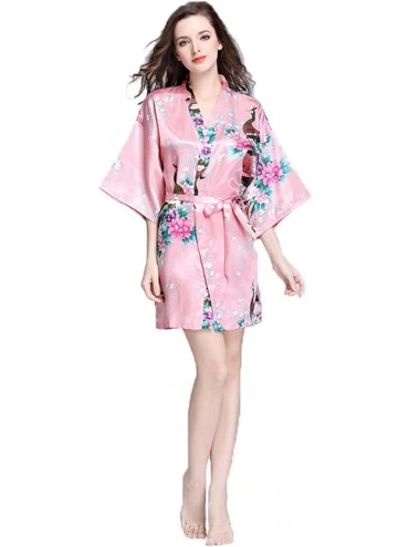 Robes Women's Printing Peacock Floral Kimono Short Robe Half Sleeve Imitated Silk Bridal Robe - Coral - CY18EOODZOD $59.45