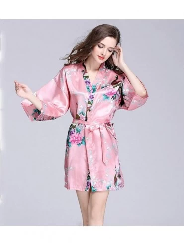 Robes Women's Printing Peacock Floral Kimono Short Robe Half Sleeve Imitated Silk Bridal Robe - Coral - CY18EOODZOD $26.06