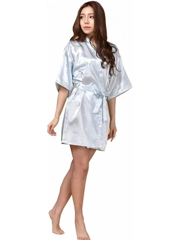 Robes Women's Half Sleeve Soft Satin Bridal Kimono Robe Short Bathrobe for Bride - Ice Blue - CP186T7ZEEM $21.94