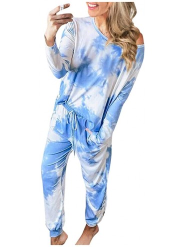 Sets Womens Pajama Sets Womens Long Sleeve Tie Dye Long Pajamas Set Loose Sleepwear Sweatsuit Night Shirts with Pockets Blue ...