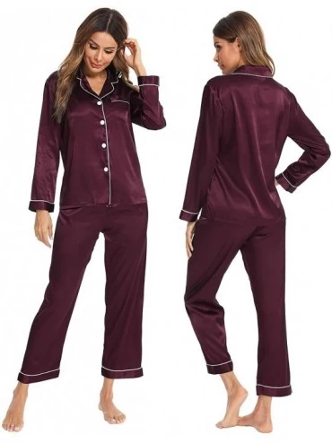 Sets Womens Silk Satin Pajamas Long Sleeve Loungewear Two-Piece Sleepwear Button-Down Pj Set - Deep Wine Red - CS198RGO7GY $4...