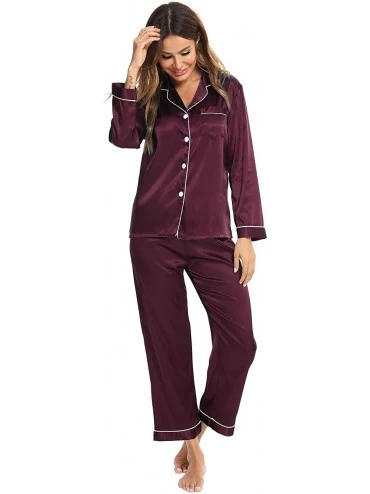 Sets Womens Silk Satin Pajamas Long Sleeve Loungewear Two-Piece Sleepwear Button-Down Pj Set - Deep Wine Red - CS198RGO7GY $1...