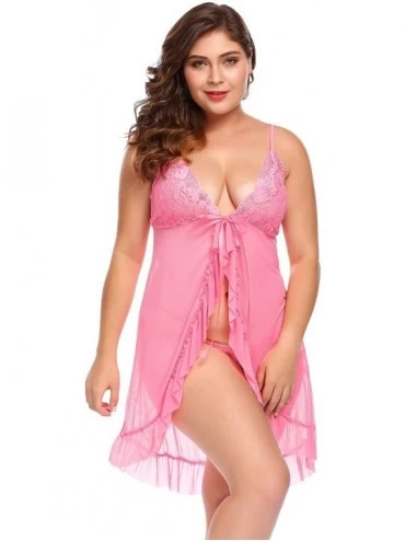Sets Babydoll Lingerie for Women Plus Size- Sexy Lingerie Set Lace Sleepwear with G-String - Hot Pink_6144 - CC180ND3M9M $20.74