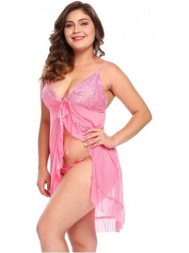 Sets Babydoll Lingerie for Women Plus Size- Sexy Lingerie Set Lace Sleepwear with G-String - Hot Pink_6144 - CC180ND3M9M $13.20