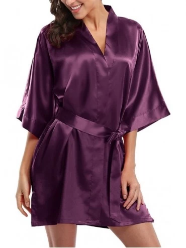 Robes Pure Color Satin Short Silky Bathrobe Sleepwear Nightgown Pajama - Deep Purple - CA186O8Q3NY $10.87