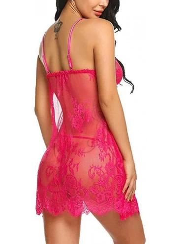 Robes Women Lace Sleepwear Eyelash Halter Nightgown Sexy Lingerie Nightdress Underwear - Hot Pink - CI194L84HIH $10.10