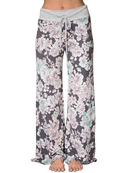 Bottoms Women's High Waist Casual Floral Print Drawstring Wide Leg Palazzo Pants Lounge Pajama - Grey - C11885OMTTN $52.84