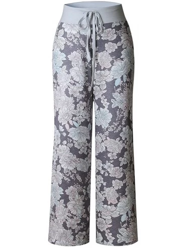Bottoms Women's High Waist Casual Floral Print Drawstring Wide Leg Palazzo Pants Lounge Pajama - Grey - C11885OMTTN $26.42