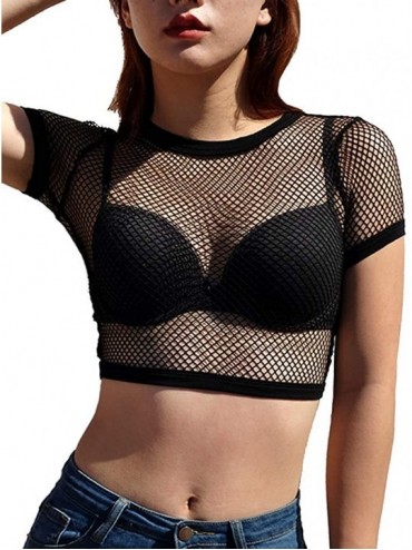Camisoles & Tanks Women's Elastic Fishnet Long Sleeve Mesh Crop Top Clubwear See Through - Black8 - CJ18QC8NYHA $30.74