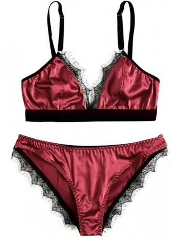Accessories Sexy Satin Lace Patchwork Sleepwear for Women Lingerie Underwear Set - Wine - CF18SQ8WGDI $21.44