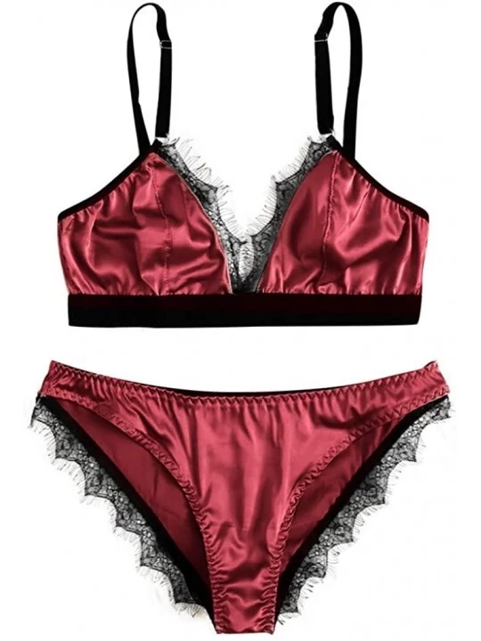 Accessories Sexy Satin Lace Patchwork Sleepwear for Women Lingerie Underwear Set - Wine - CF18SQ8WGDI $11.69