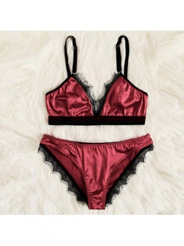 Accessories Sexy Satin Lace Patchwork Sleepwear for Women Lingerie Underwear Set - Wine - CF18SQ8WGDI $24.50