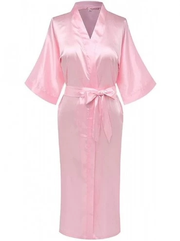 Robes Women's Robe Pure Long Kimono Robes Lightweight Silky Sleepwear V-Neck Calf-Length Bathrobe - Pink - C418O54EWGE $26.95