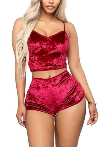 Sets Womens Sexy Velvet 2 Pieces Romper Outfit Spaghetti Strap Crop Top Camisole and Shorts Pajama Active Bottom Set A Red - ...