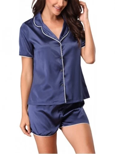 Sets Women's Short Pajama Set Short Sleeve Sleepwear Nightwear Pjs Satin Pyjamas Button-Down Loungewear - Blue - CX18RHR9M9H ...