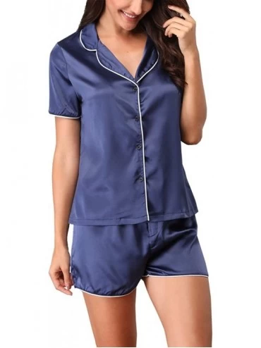 Sets Women's Short Pajama Set Short Sleeve Sleepwear Nightwear Pjs Satin Pyjamas Button-Down Loungewear - Blue - CX18RHR9M9H ...